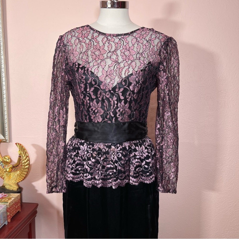 Vintage 1990 Gunne Sax Retro Pink Lace Black velvet Low Back Bow Wiggle Dresss - Picture 5 of 17